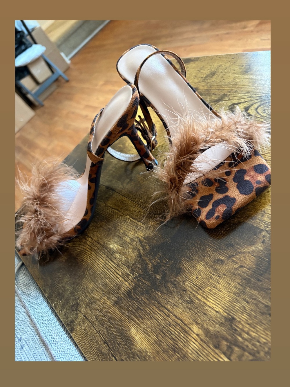Leopard Print Feather Strap High Heels - Brown.